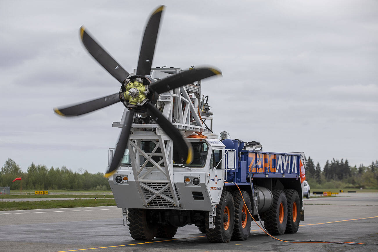 A demonstration of the ZA2000 powertrain during an event for Alaska Airlines and ZeroAvia to discuss their new collaboration in Everett, Washington on Monday, May 1, 2023. ZeroAvia is developing a hydrogen electric propulsion system for aircraft. (Annie Barker / The Herald)