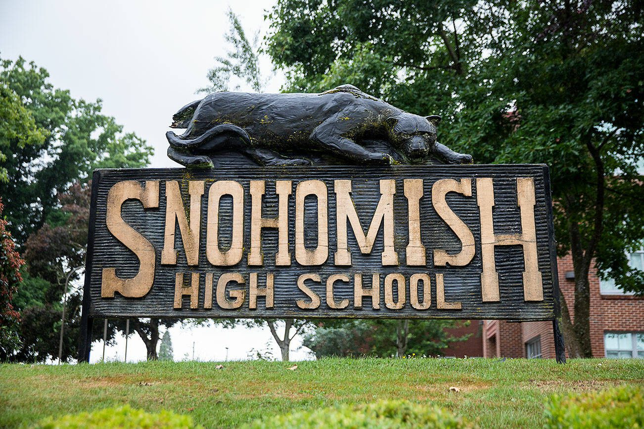 The deteriorating panther sign outside of Snohomish High School on Tuesday, June 20, 2023 in Snohomish, Washington. (Olivia Vanni / The Herald)