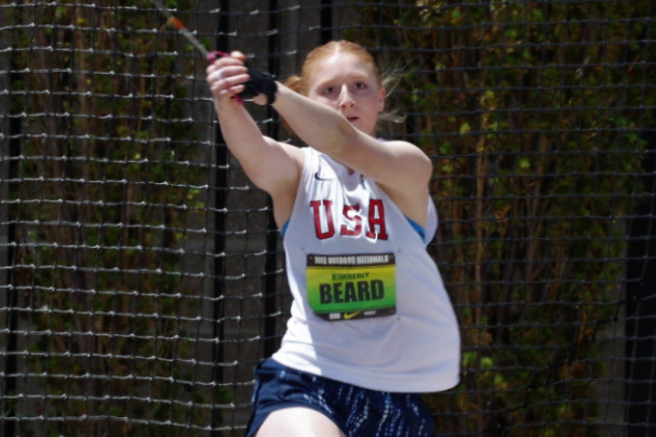 Mukilteo native Kim Bear competes in the girls hammer throw at the Nike Outdoors Nationals high school track and field meet in Eugene, Oregon. (Photo provided by Chris Beard)