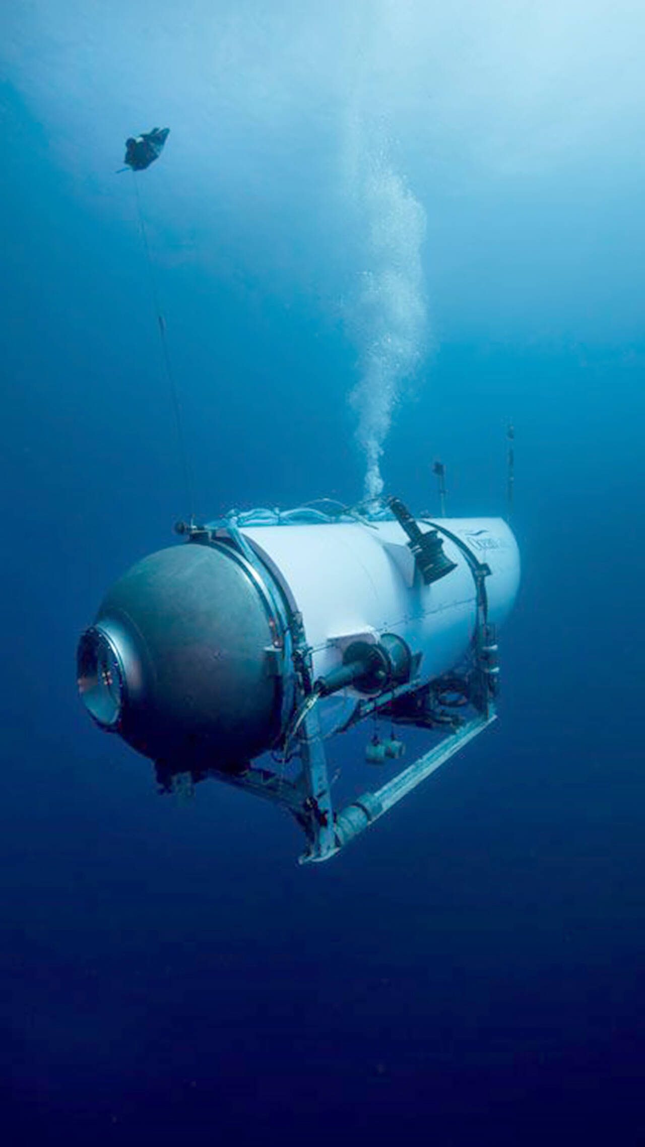 This undated photo provided by OceanGate Expeditions in June 2021 shows the company’s Titan submersible. The undersea exploration company plans to dive to the sunken Titanic as early as Wednesday, June 30, 2021, to begin what’s expected to be an annual chronicling of the shipwreck’s ongoing deterioration. (OceanGate Expeditions via AP)