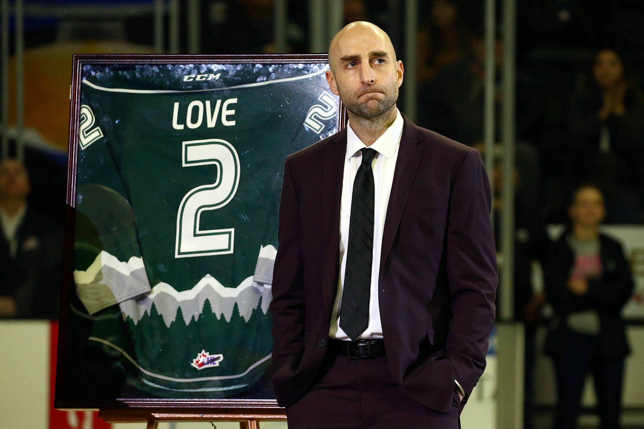 Former Silvertip Mitch Love has his jersey retired by the organization on Nov. 22, 2019, at Angel of the Winds Arena in Everett. (Kevin Clark / The Herald)