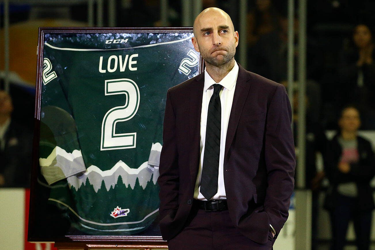 Mitch Love, former Silvertip and current Saskatoon Blades' head coach, has his jersey retired Friday evening at Angel of the Winds Arena in Everett on November 22, 2019. (Kevin Clark / The Herald)