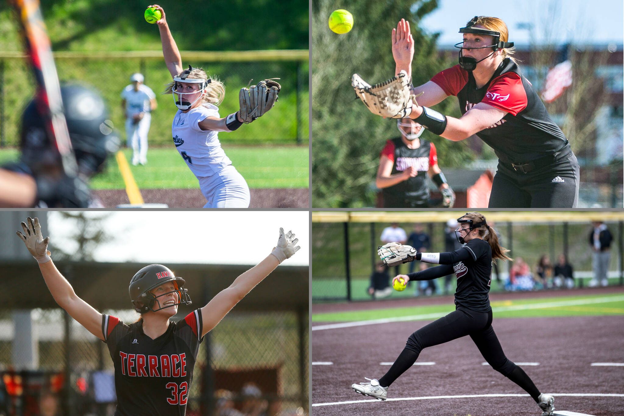 Glacier Peak’s Faith Jordan (top left), Snohomish’s Skyla Bristol (top right), Mountlake Terrace’s Cameron Dunn (bottom left) and Cascade’s Abby Surowiec. (Herald file photos)