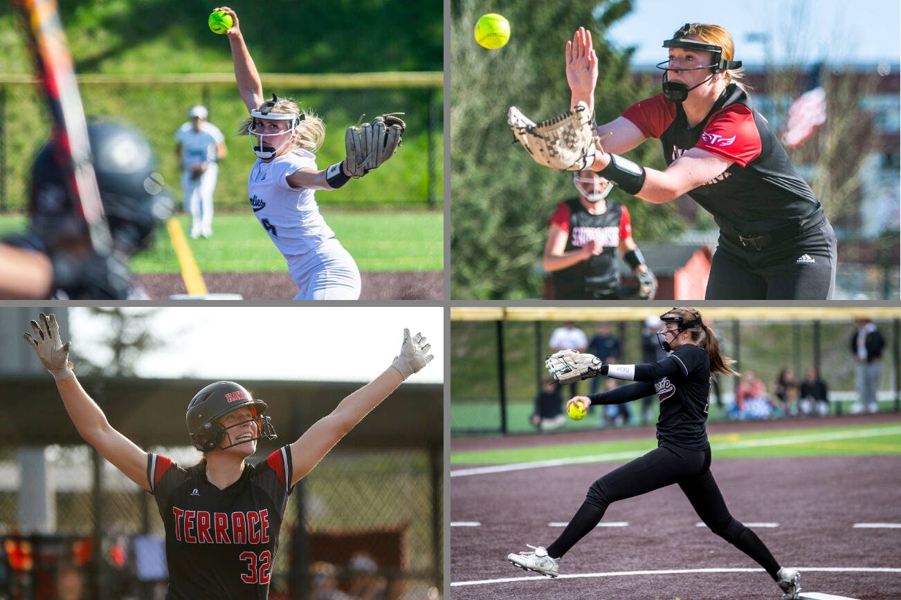 Glacier Peak's Faith Jordan (top left), Snohomish's Skyla Bristol (top right), Mountlake Terrace's Cameron Dunn (bottom left) and Cascade's Abby Surowiec. (Herald file photos)