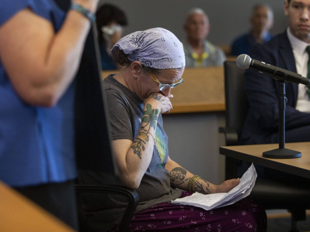 Gail Callahan becomes emotional when speaking about Greg McKnight during Baylor&rsquo;s sentencing at the Snohomish County Courthouse on Monday, June 26, 2023 in Everett, Washington. (Olivia Vanni / The Herald)
