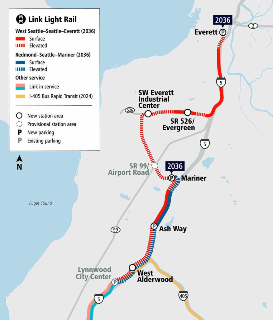 A map of the planned Sound Transit Link light rail extension to Everett. (Sound Transit)
