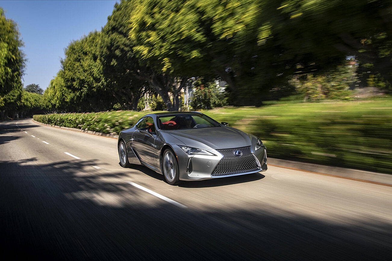 A unique mesh grille and striking LED headlamps adorn the 2023 Lexus LC 500h sports coupe. (Lexus)