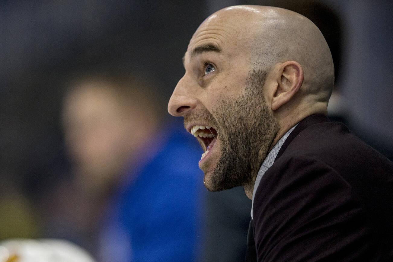 SASKATOON,SK--MARCH 22/2019-0323 Sports Blades- Saskatoon Blad4es head coach Mitch Love looks on as his team takes on the Moose Jaw Warriors during first period WHL playoff action at SaskTel Centre in Saskatoon, SK on Friday, March 22, 2019. (Saskatoon StarPhoenix/Liam Richards)