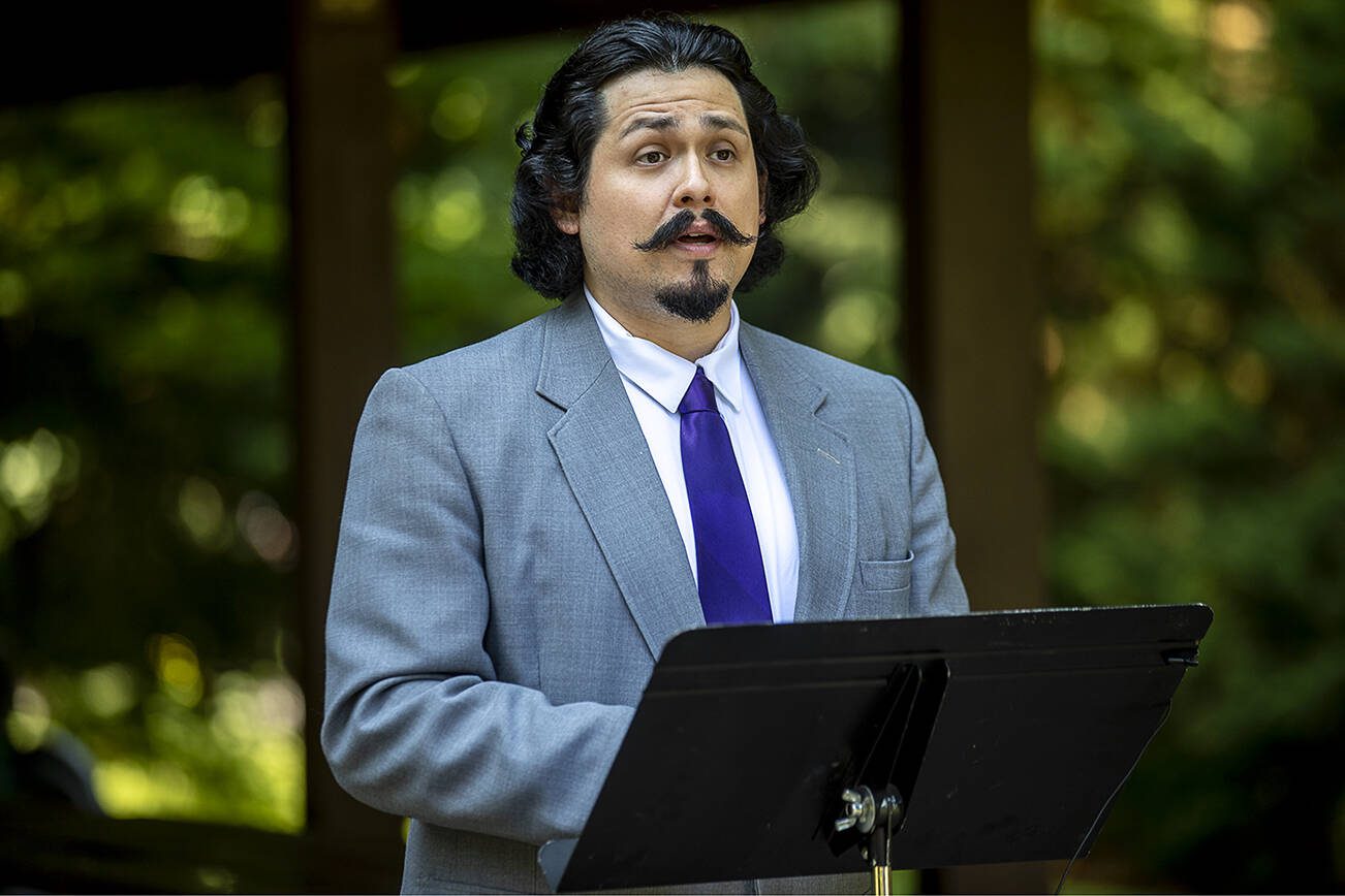 Diodato Boucsieguez speaks about removing Lynnwood councilmember Josh Binda from office at Wilcox Park in Lynnwood, Washington on Wednesday, June 28, 2023. (Annie Barker / The Herald)