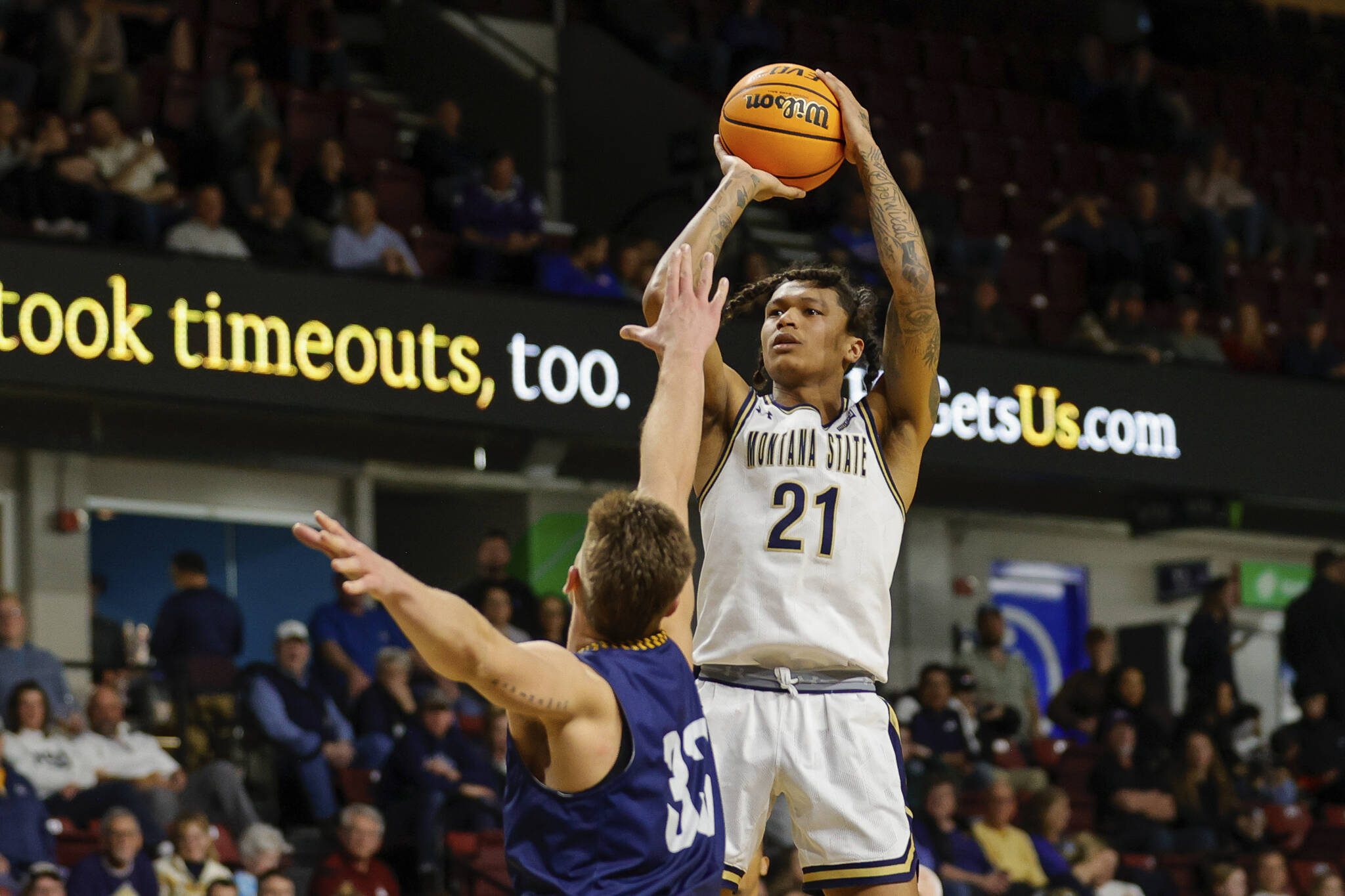 RaeQuan Battle, a Maryville Pilchuck graduate, shoots for Montana State during the the Big Sky tournament championship game against Northern Arizona on March 8 in Boise, Idaho. (AP Photo/Steve Conner)