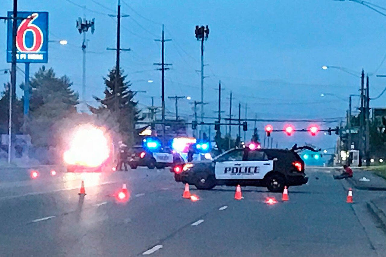 A driver allegedly hit and killed a person crossing Evergreen Way then fled Wednesday morning between 100th Street SW and Olivia Park Road in Everett. (Everett Police Department)