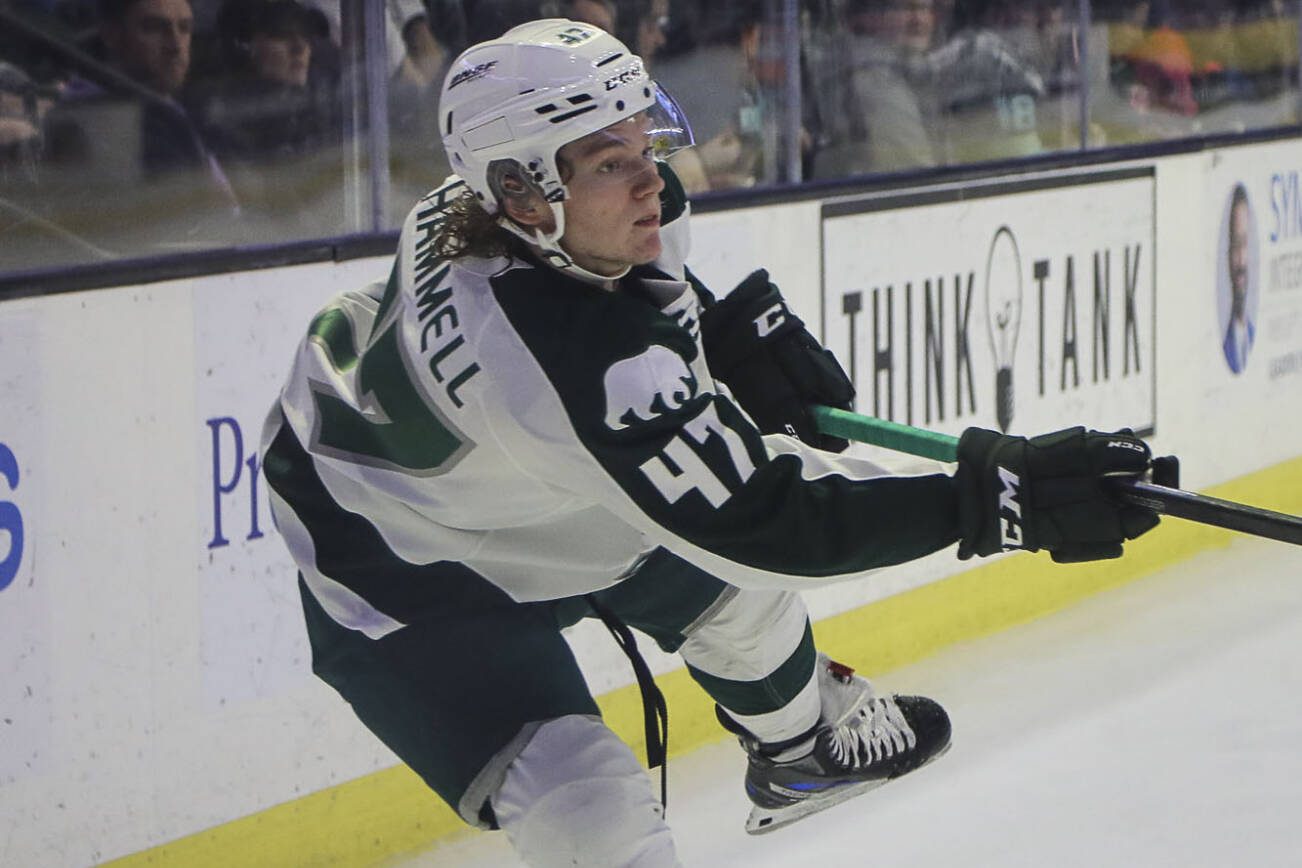 Silvertips’ Kaden Hammell (47) sends the puck during a game between the Silvertips and Kamloops Blazers at the Angel of the Winds Arena on Friday, Jan. 13, 2023. The Silvertips fell to the Kamloops, 3-6. (Annie Barker / The Herald)