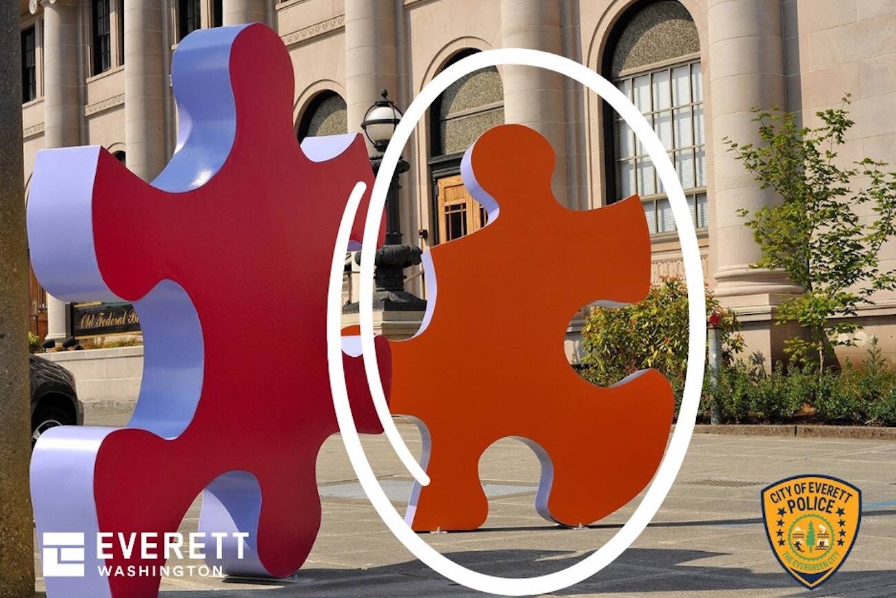 The orange puzzle piece from the sculpture “Playmates" in downtown Everett is missing. (Photo provided by the Everett Police Department)