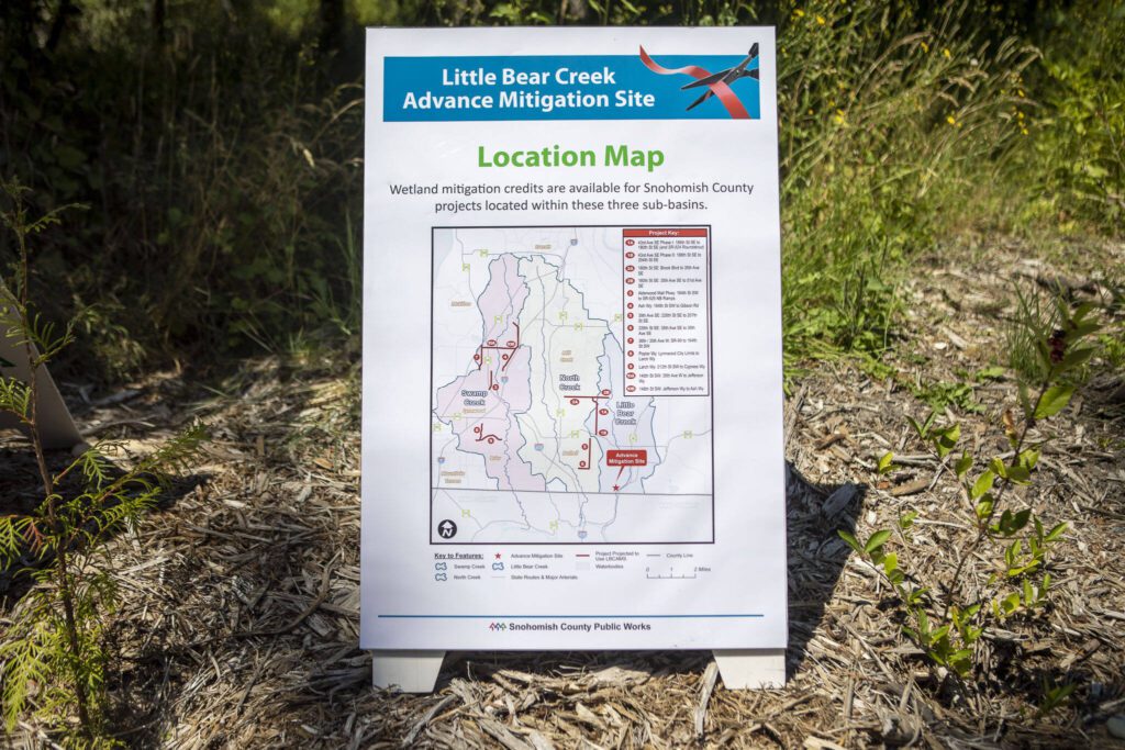 A site location map at a section of the Little Bear Creek Advance Mitigation Site near 58th Ave SE in Woodinville, Washington on Wednesday, July 12, 2023. (Annie Barker / The Herald)
