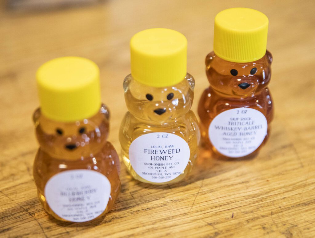 Three different types of honey available at the Snohomish Bee Company on Tuesday, June 13, 2023 in Snohomish, Washington. (Olivia Vanni / The Herald)
