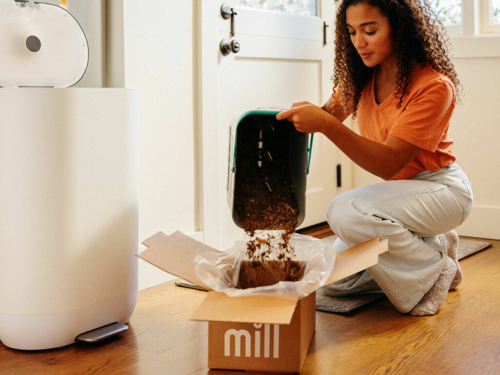 Mill customers empty the dried and ground contents of the company’s kitchen bin into a pre-paid shipping box and send it to Mill, where it’s turned into chicken chow. (Mill)
