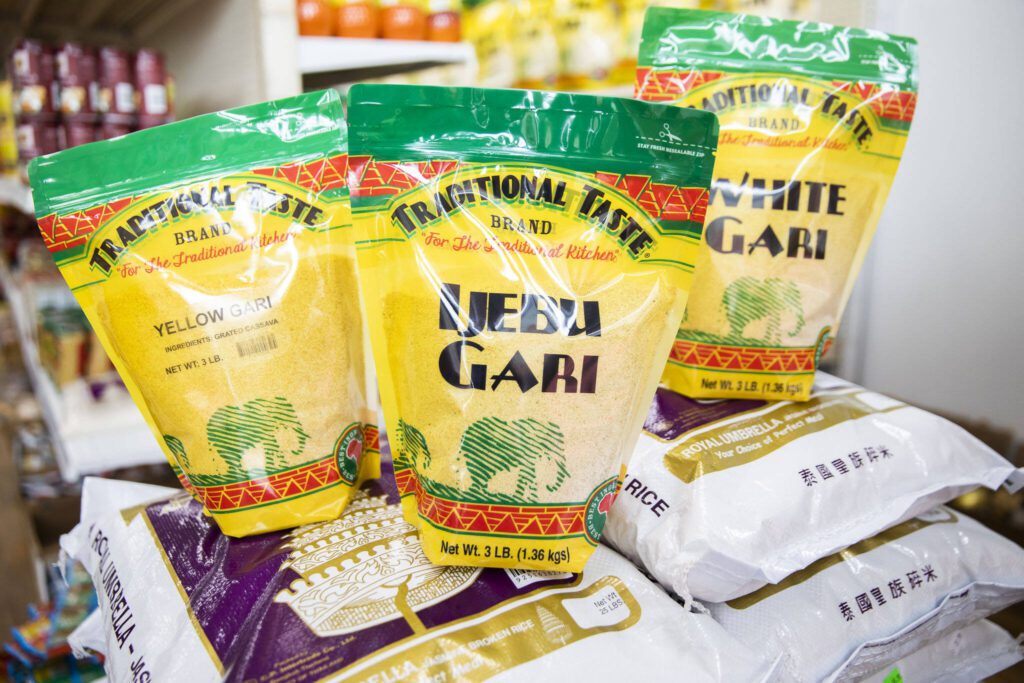 A selection of grated cassava available at Dizayus African Market on Wednesday, June 21, 2023 in Everett, Washington. (Olivia Vanni / The Herald)
