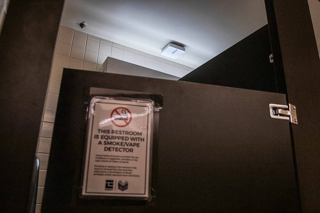 One of a handful of smoke, vape and fentanyl detectors currently installed in the Everett Library on Thursday, June 29, 2023 in Everett, Washington. (Olivia Vanni / The Herald)