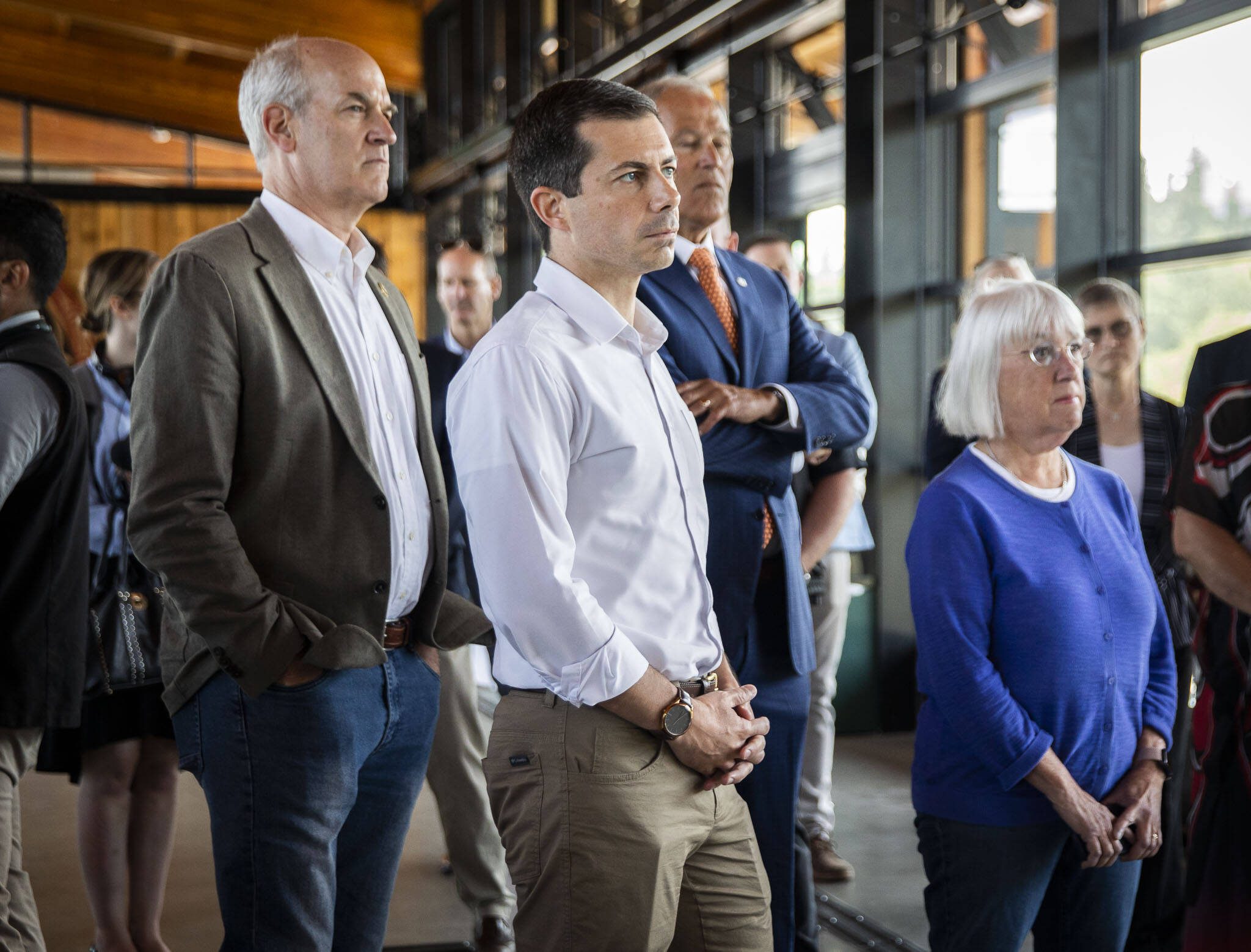 U.S. Transportation Secretary Pete Buttigieg is joined by U.S. Representative Rick Larsen, Washington Governor Jay Inslee and Senator Patty Murray while they listen to where some of the federal funds have been implemented in the Washington State Ferry system on Thursday, July 6, 2023 in Mukilteo, Washington. (Olivia Vanni / The Herald)