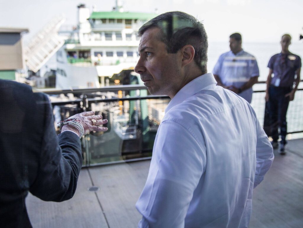 U.S. Transportation Secretary Pete Buttigieg tours the Mukilteo Ferry Terminal on Thursday, July 6, 2023 in Mukilteo, Washington. (Olivia Vanni / The Herald)
