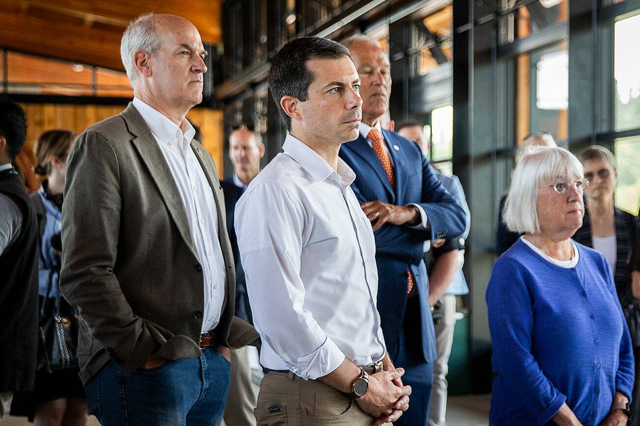 U.S. Transportation Secretary Pete Buttigieg is joined by U.S. Representative Rick Larsen, Washington Governor Jay Inslee and Senator Patty Murray while they listen to where some of the federal funds have been implemented in the Washington State Ferry system on Thursday, July 6, 2023 in Mukilteo, Washington. (Olivia Vanni / The Herald)