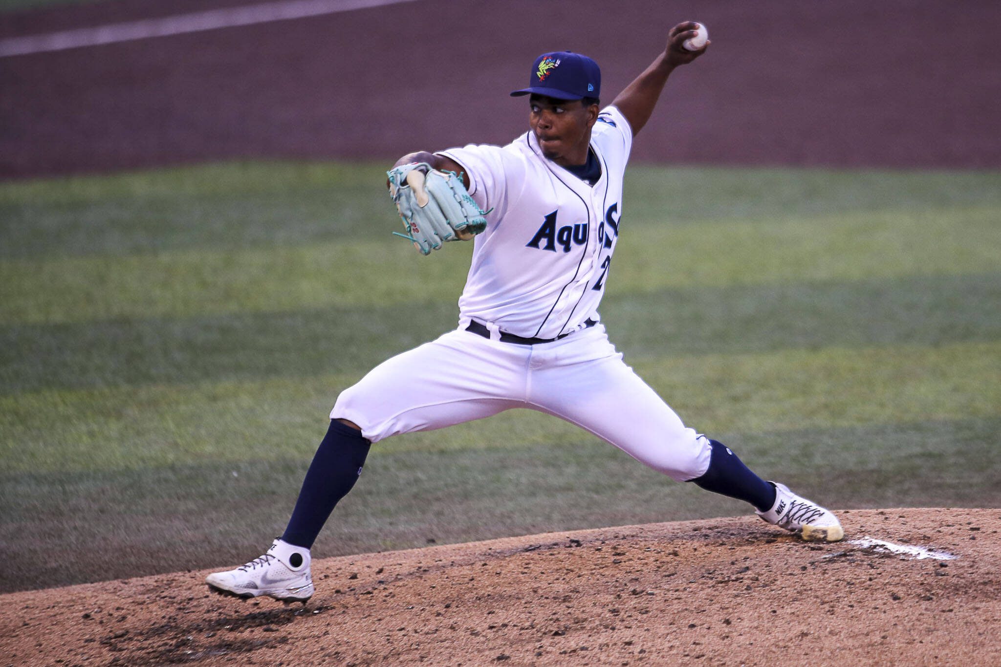 The AquaSox’s Raúl Alcantara pitches during a game at Funko Field in Everett. (Annie Barker / The Herald)