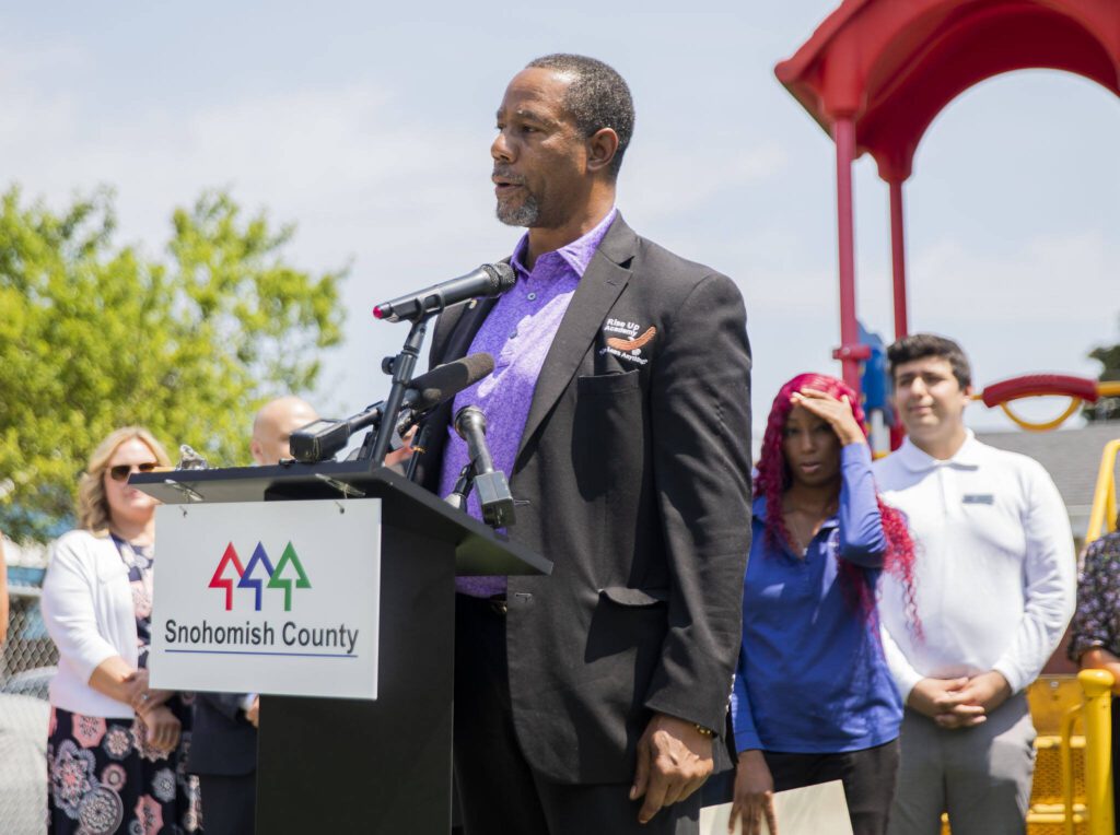 Paul A. Stoot, Sr., CEO and Executive Director of Rise Up Academy speaks during an event announcing funding for affordable child care slots where Rise Up Academy was awarded $2,000,000 in funding on Thursday, July 6, 2023 in Everett, Washington. (Olivia Vanni / The Herald)
