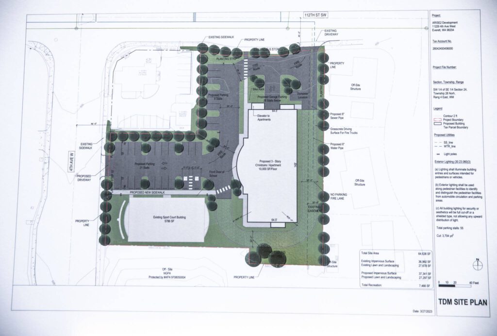 A project layout of proposed construction of a new childcare and early learning facility at Rise Up Academy on Thursday, July 6, 2023 in Everett, Washington. (Olivia Vanni / The Herald)
