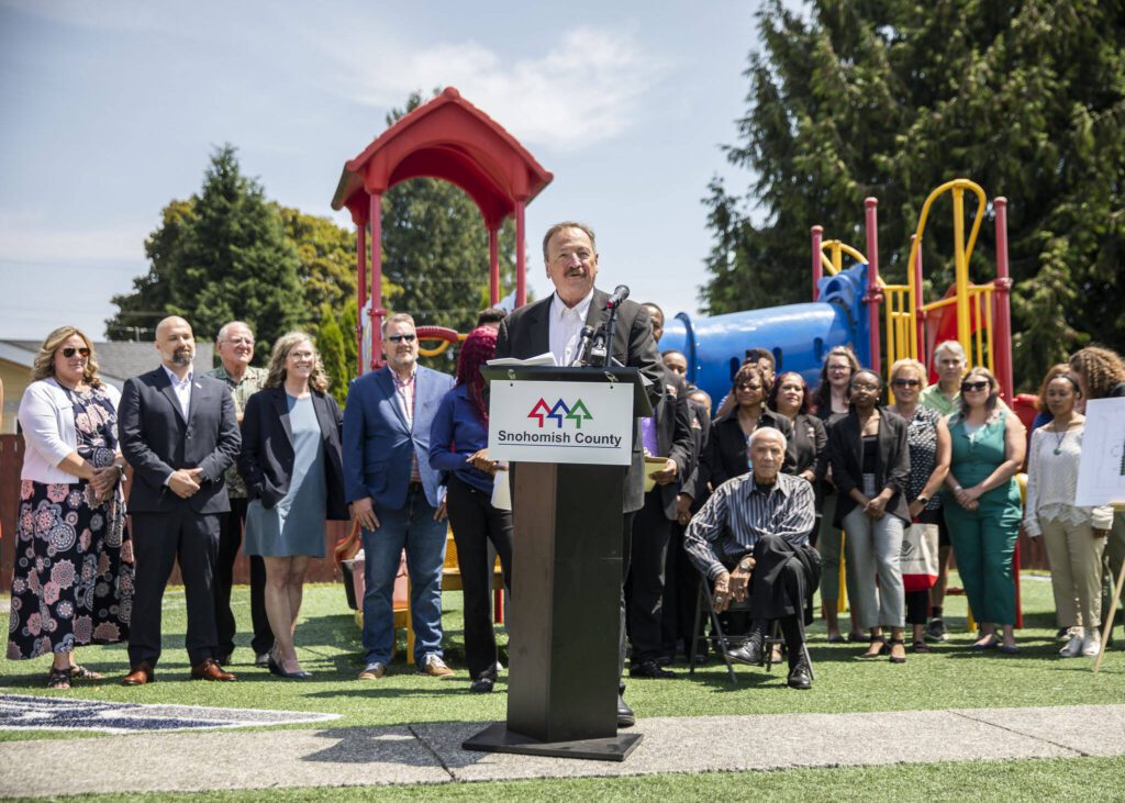 Snohomish County Executive Dave Somers speaks during an event announcing funding for affordable child care slots held at Rise Up Academy on Thursday, July 6, 2023 in Everett, Washington. (Olivia Vanni / The Herald)
