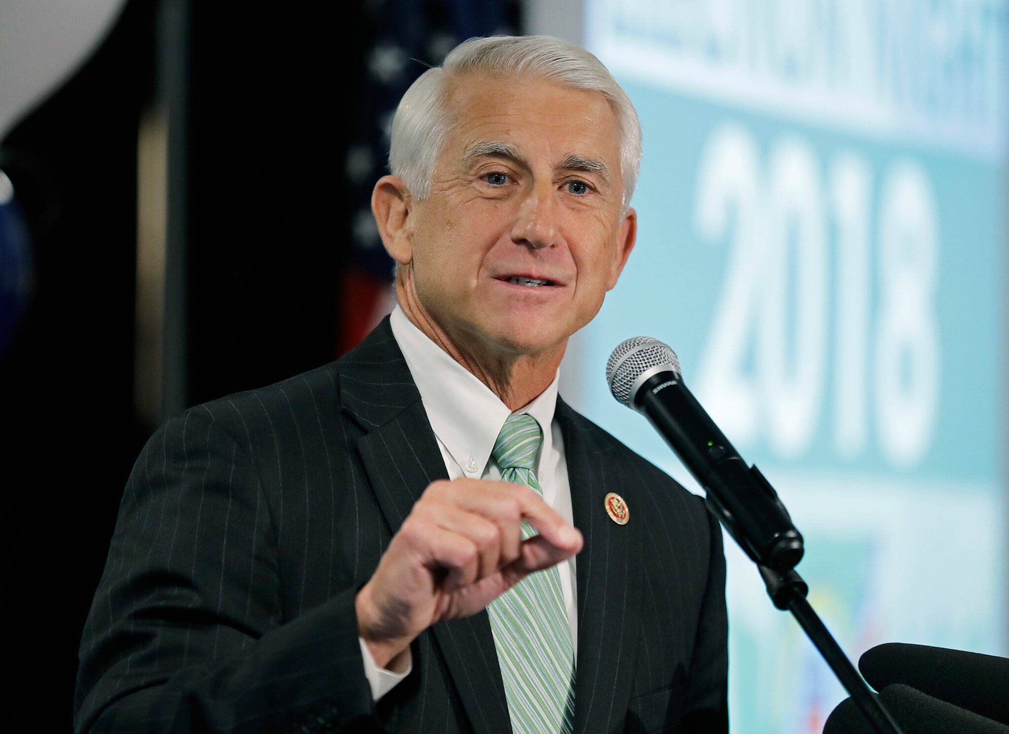 Then-Rep. Dave Reichert, R-Wash., speaks on Nov. 6, 2018, at a Republican party election night gathering in Issaquah, Washingotn. Reichert filed campaign paperwork with the state Public Disclosure Commission on Friday, June 30, 2023, to run as a Republican candidate. (AP Photo/Ted S. Warren, File)