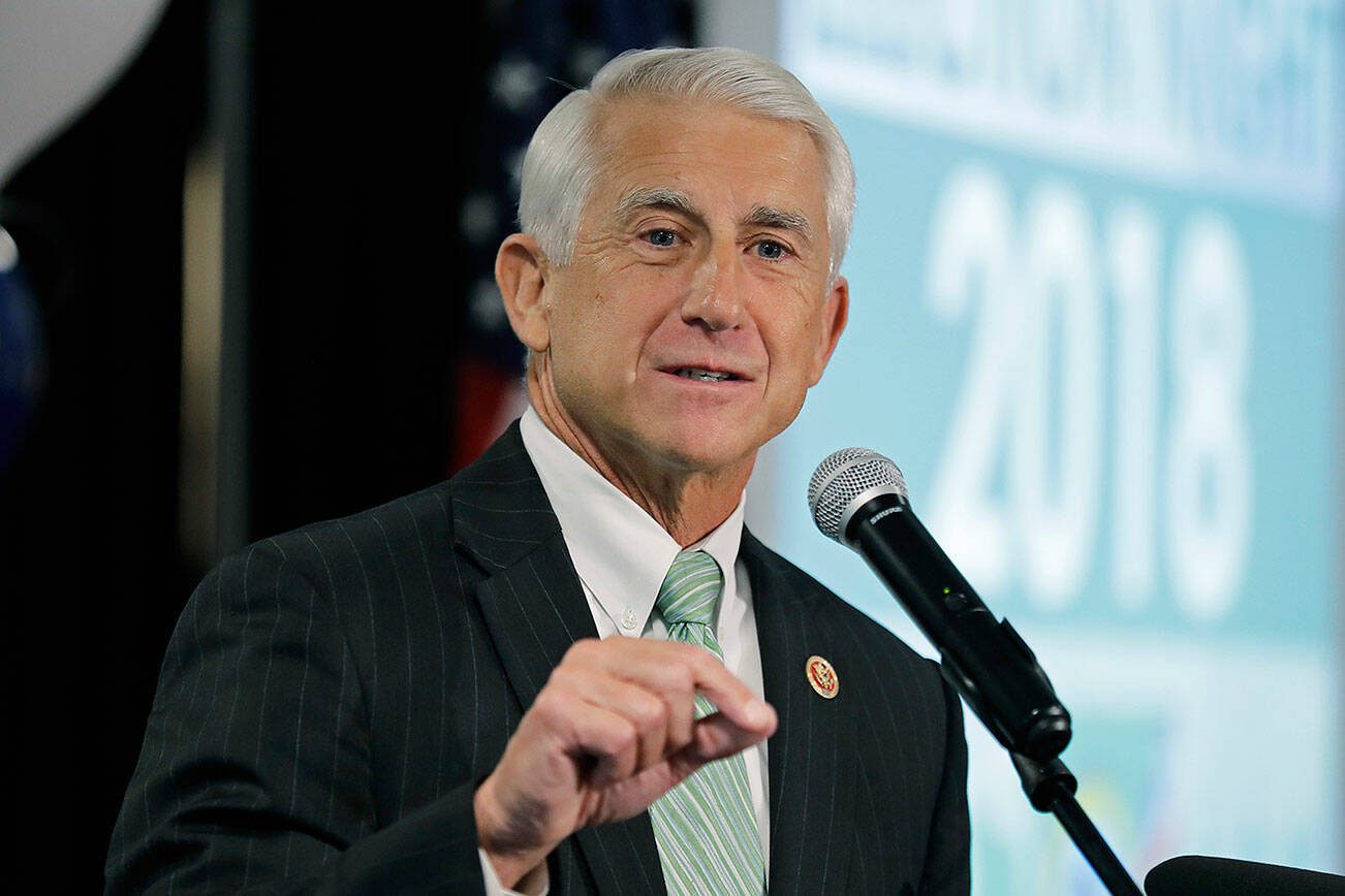 FILE - Then-Rep. Dave Reichert, R-Wash., speaks on Nov. 6, 2018, at a Republican party election night gathering in Issaquah, Wash. Reichert filed campaign paperwork with the state Public Disclosure Commission on Friday, June 30, 2023, to run as a Republican candidate. (AP Photo/Ted S. Warren, File)