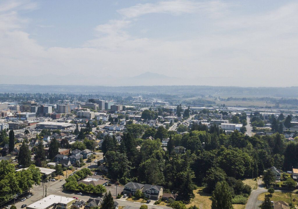The peak of Mount Pilchuck is barely visible through a haze covering parts of Snohomish County on Wednesday, July 5, 2023 in Everett, Washington. (Olivia Vanni / The Herald)
