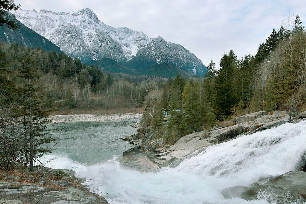 Sunset Falls cascades down past the existing fish ladder along the Skykomish River east of Index, Washington, on February 4, 2014. (Mark Mulligan / The Herald)