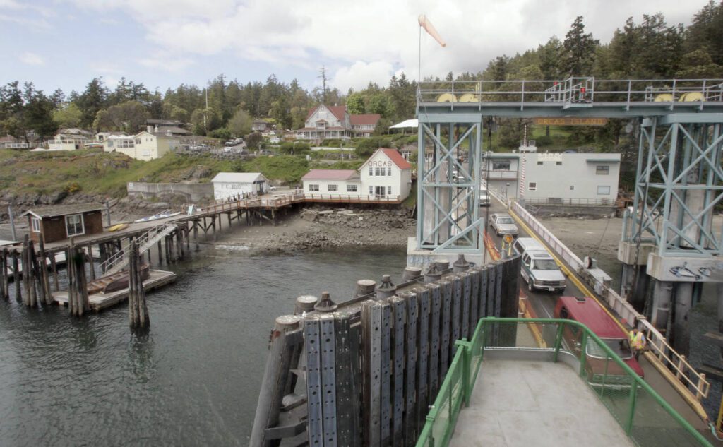 The Orcas Island ferry landing. Visitors should make reservations with Washington State Ferries before boarding a boat. (Elaine Thompson / Associated Press)
