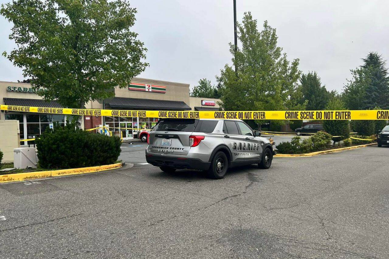 Deputies respond to reports of a shooting outside a 7-Eleven convenience store on 148th Street SW on Friday, July 7, 2023, in Lynnwood, Washington. (Photo provided by Snohomish County Sheriff’s Office)