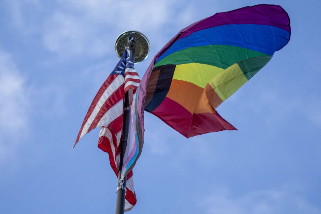 The Pride flag at the Everett home of Doug Blay and Tim Pfahl before it was stolen this week. This is the tenth Pride flag stolen from their yard over two years. (Annie Barker / The Herald)
