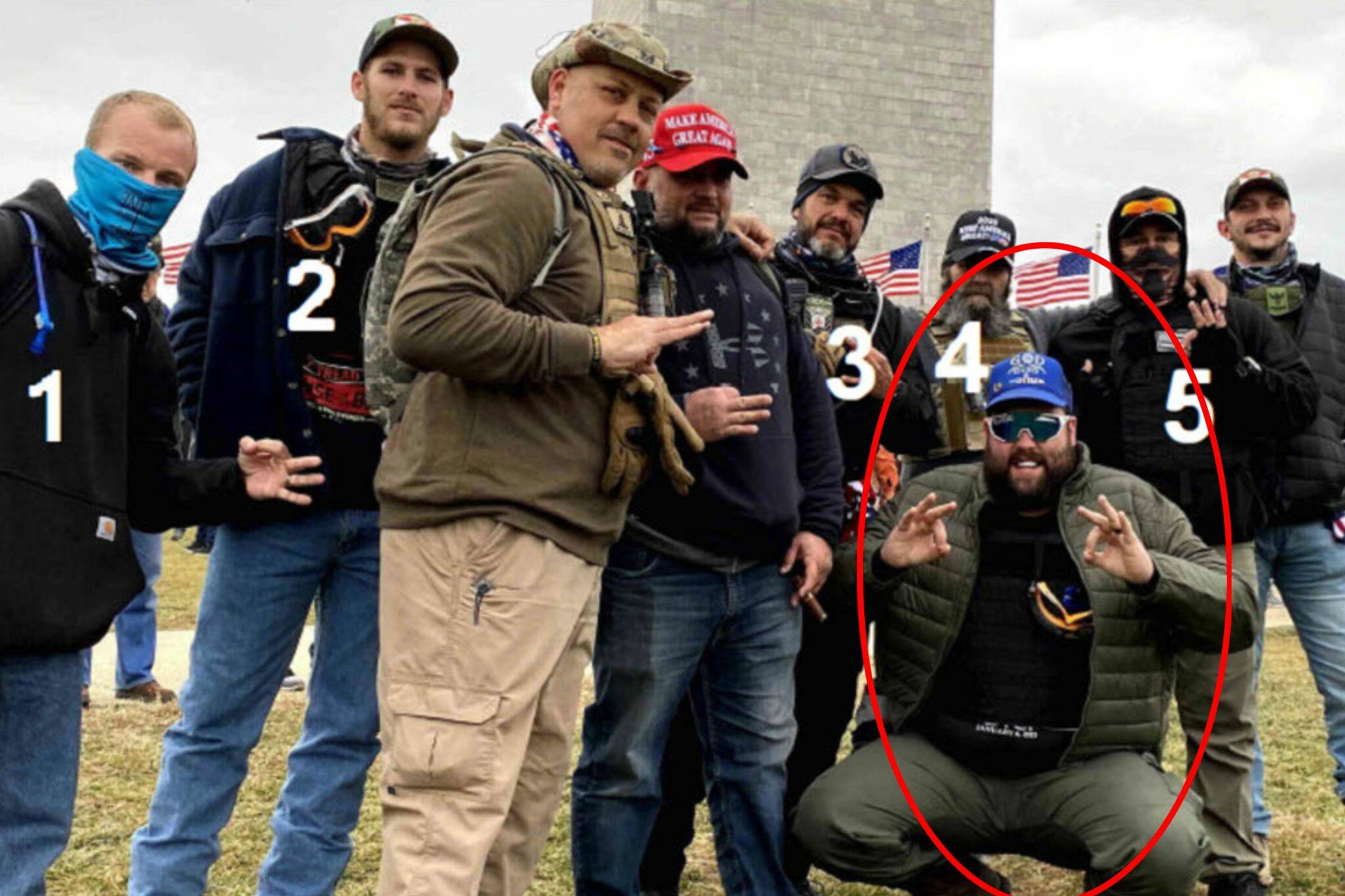 The five numbered individuals all entered Capitol grounds with Daniel Scott (circled in red, in green jacket) on Jan. 6, 2021, in Washington, D.C. (U.S. Attorney’s Office)