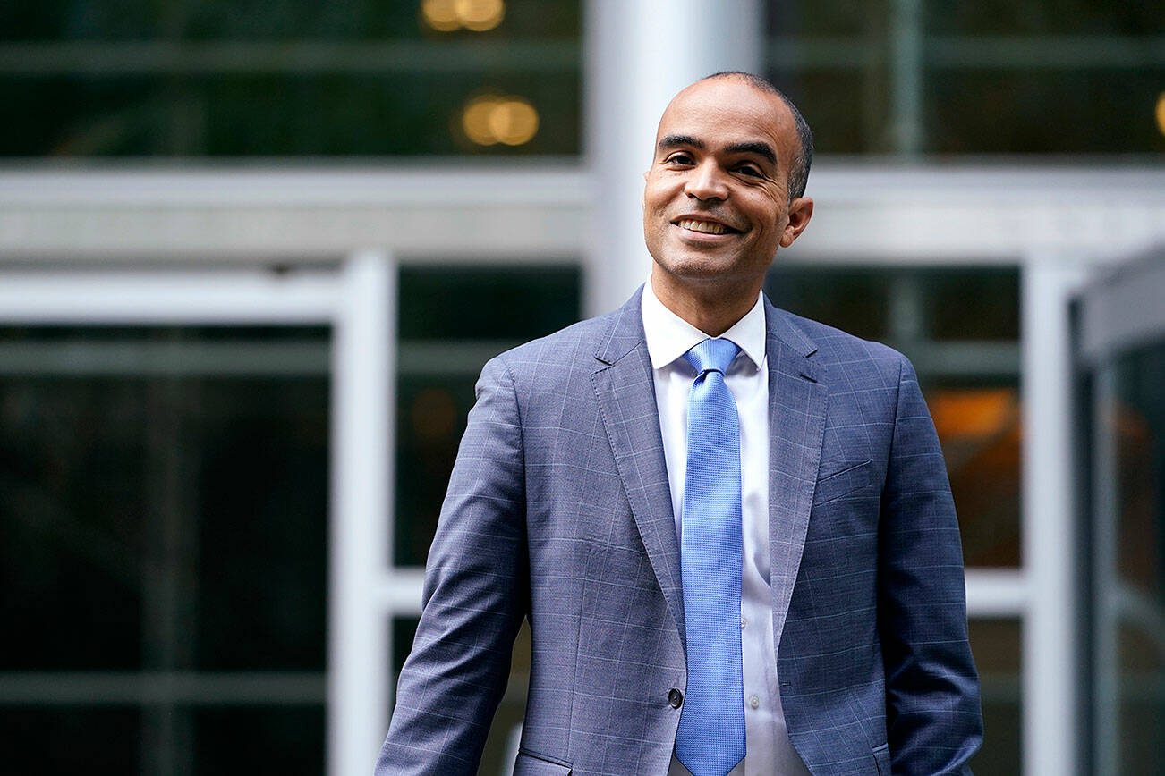 U.S. Attorney for Western Washington Nick Brown poses for a photo outside the U.S. Courthouse Tuesday, Oct. 19, 2021, in Seattle. (AP Photo/Elaine Thompson)