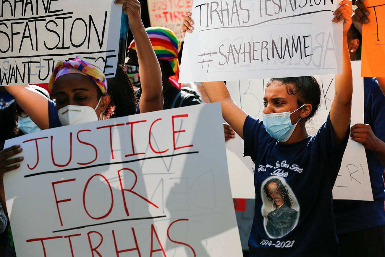 Family, friends and supporters gather in the quest for answers in the death of Tirhas Tesfatsion on July 13 during a protest rally Monday afternoon at the Lynnwood City Hall on July 26, 2021. (Kevin Clark / The Herald)