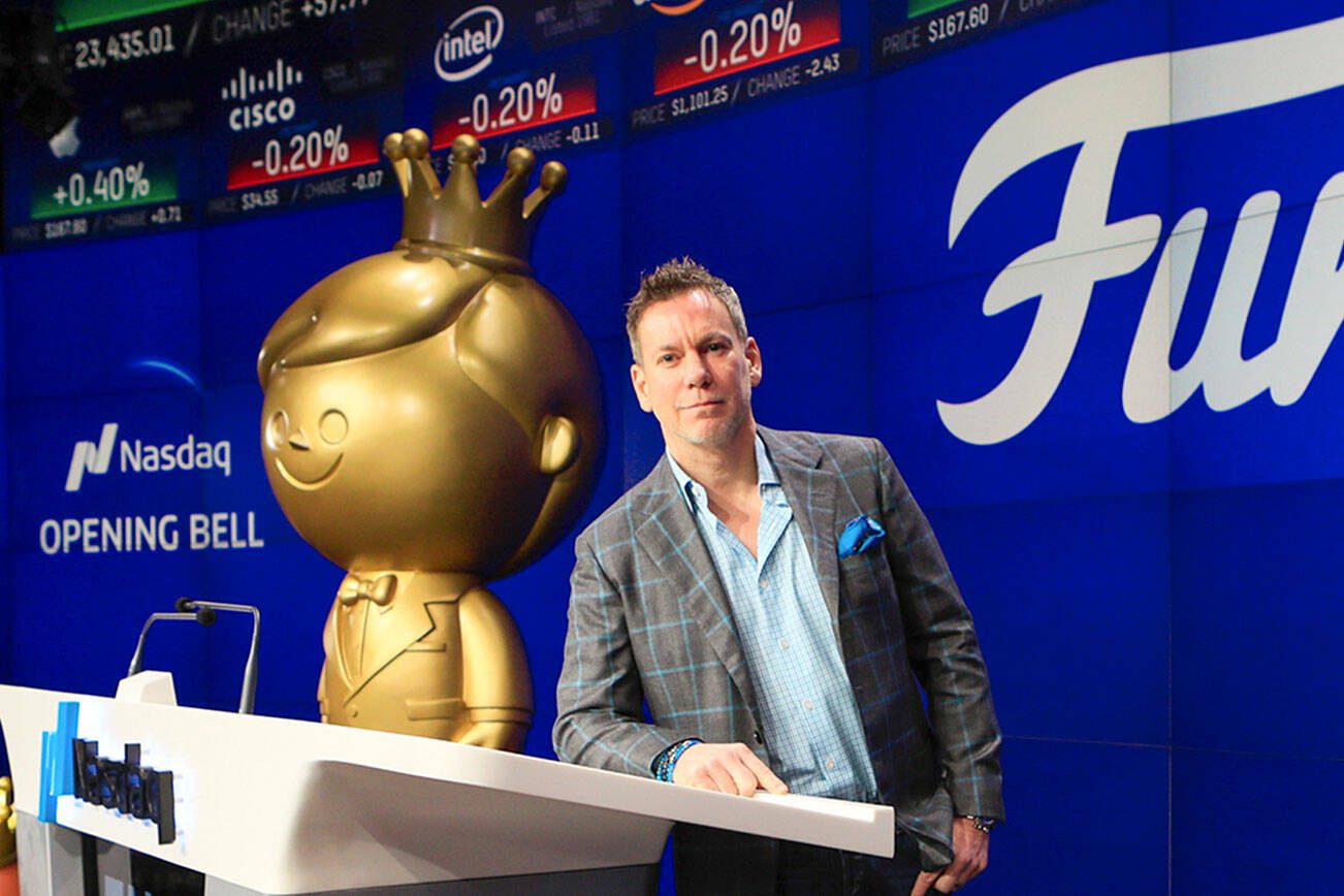 Funko CEO Brian Mariotti prepares to ring the Nasdaq opening bell in celebration of the company’s initial public offering of stock in New York in November. (Nasdaq)
