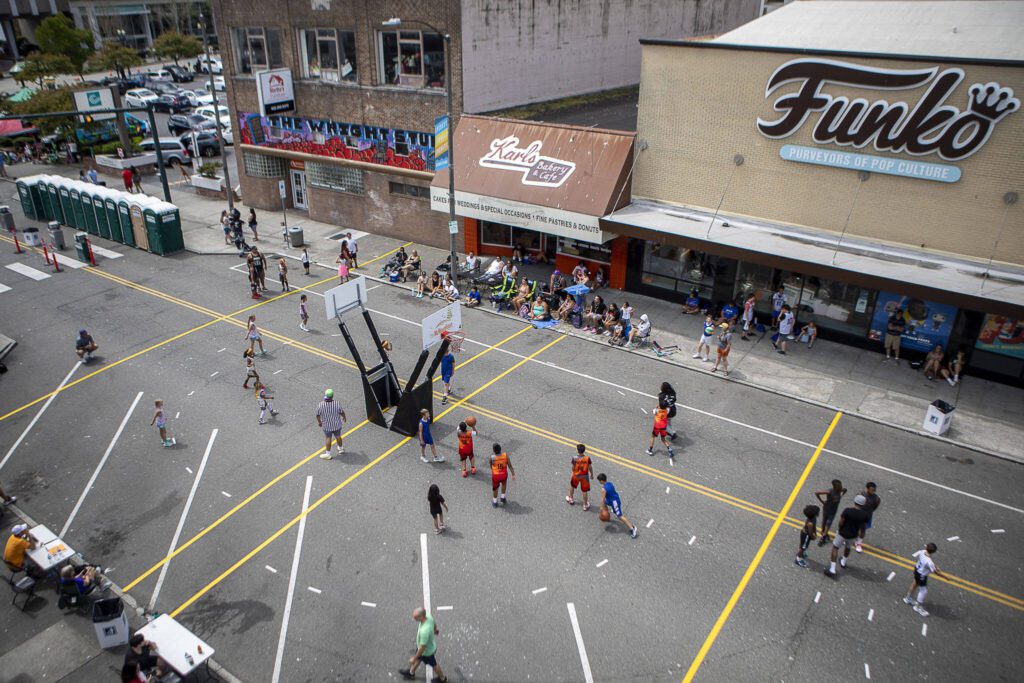 The Everett 3on3 tournament Sunday in downtown Everett. (Annie Barker / The Herald)

