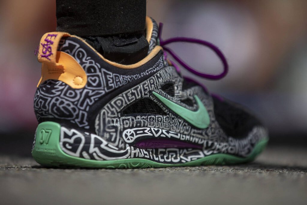 A player’s shoe at the Everett 3on3 tournament Sunday in downtown Everett. (Annie Barker / The Herald)

