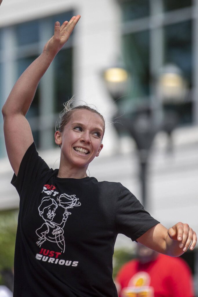 A NotFast JustFurious player celebrates during the women’s Elite Division championship game during the Everett 3on3 tournament Sunday in downtown Everett.. NotFast JustFurious won against Downtown, 20-17. (Annie Barker / The Herald)
