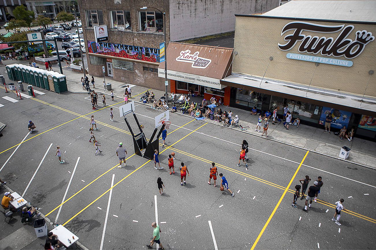 The Everett 3on3 tournament in downtown Everett, Washington on Sunday, July 16, 2023. (Annie Barker / The Herald)