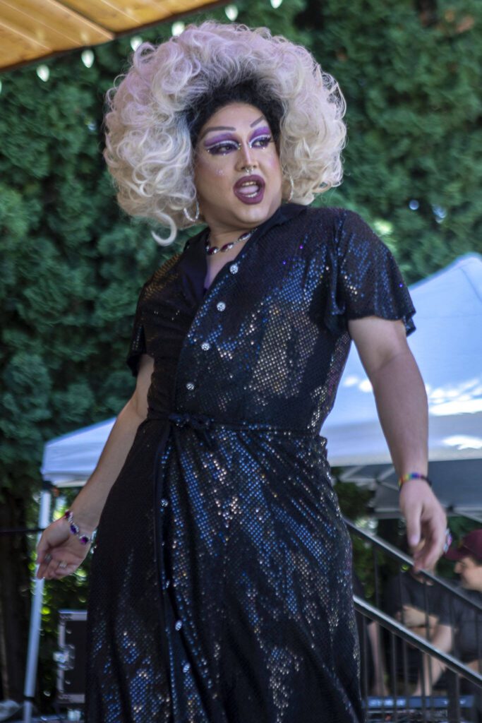 Jennavesia Touché performs during the second annual Arlington Pride at Legion Memorial Park in Arlington, Washington on Saturday, July 22, 2023. (Annie Barker / The Herald)
