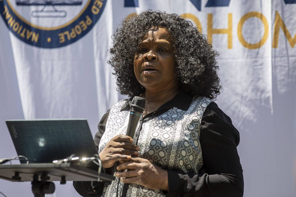 NAACP Snohomish County President Dr. Janice Greene speaks during a NAACP Snohomish County press conference at Lynnwood City Hall in Lynnwood, Washington on Thursday, July 20, 2023. (Annie Barker / The Herald)
