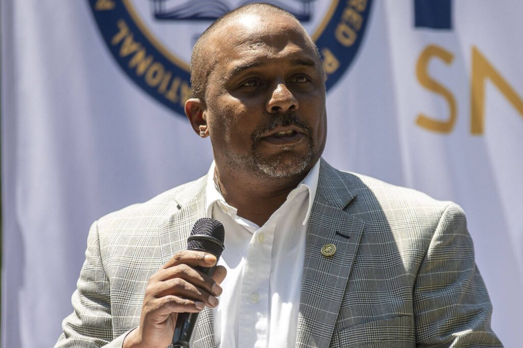 Alaska, Oregon, and Washington State Area Conference of the NAACP President Gerald Hankerson speaks during a NAACP Snohomish County press conference at Lynnwood City Hall in Lynnwood, Washington on Thursday, July 20, 2023. (Annie Barker / The Herald)
