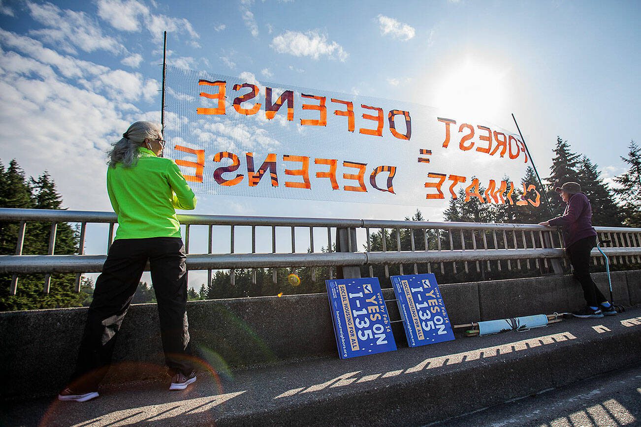 Kate Lunceford and Clara Clebe hold signs on the 7th Street I-5 overpass to protest for forest protection on Monday, June 26, 2023 in Everett, Washington. (Olivia Vanni / The Herald)
