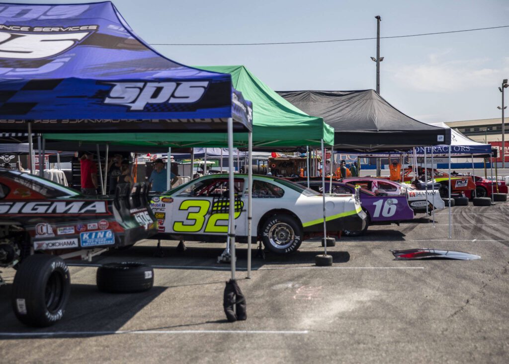 A car runs laps during practice for Summer Showdown at Evergreen Speedway on Thursday in Monroe. (Olivia Vanni / The Herald)
