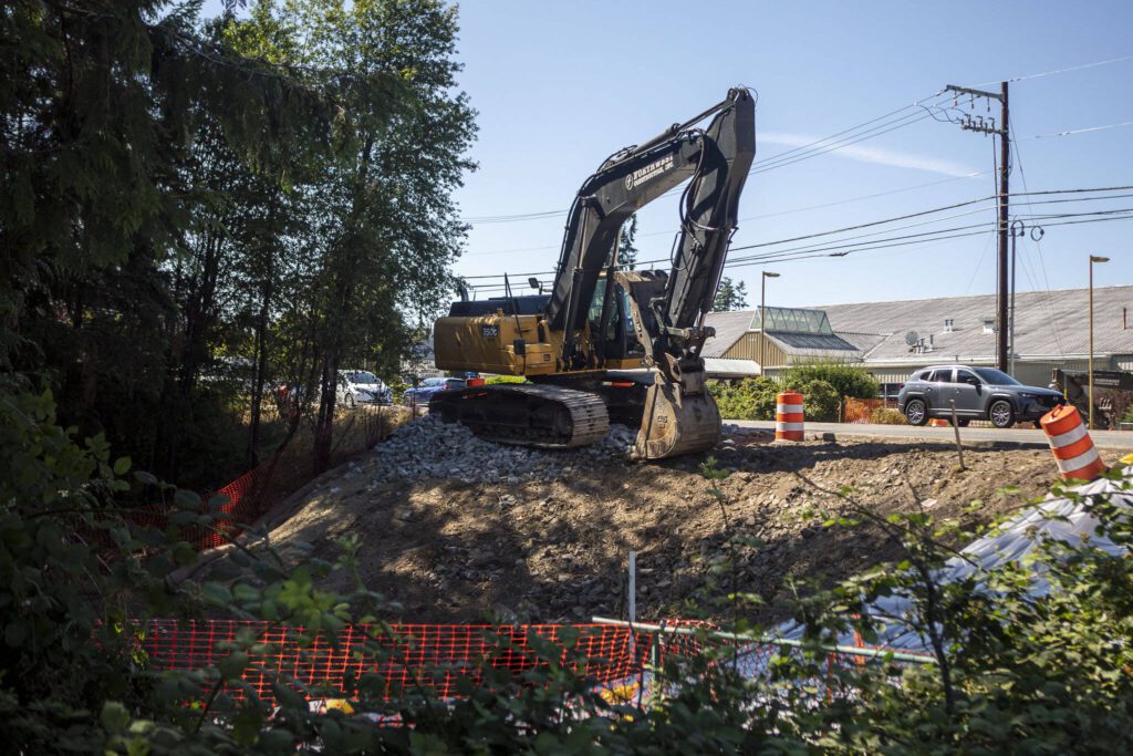 Culvert replacement under 128th Street SE and Highway 96 near McCollum Park in Martha Lake, Washington on Friday, July 21, 2023. (Annie Barker / The Herald)
